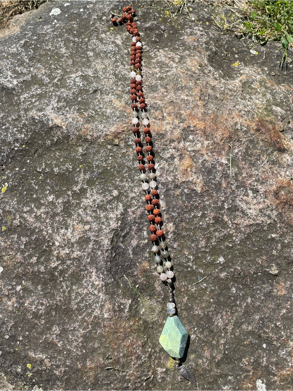 Handmade Rudraksha and Labradorite Stone Pendant Necklace